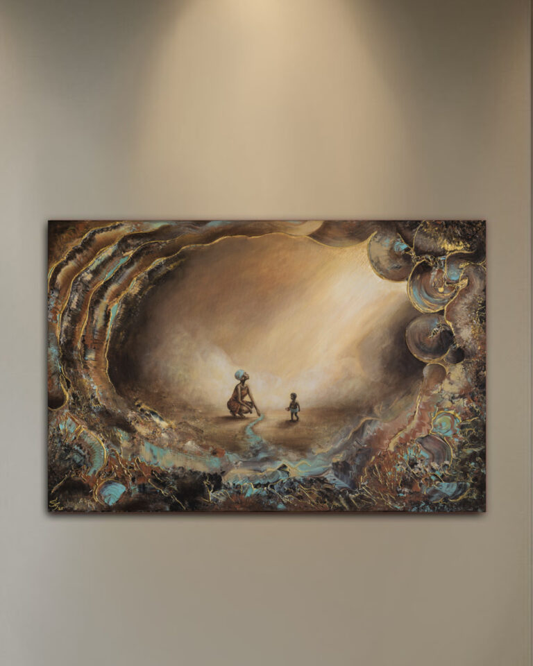 Mockup of “Del Sol” painting by Isabel Silla, featuring a mother and child in a golden cave setting, displayed on a warm-toned wall under spotlight.